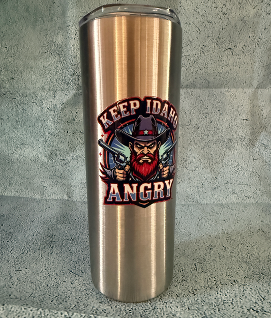 Stainless steel tumbler with 'Keep Idaho Angry' design on a gray background